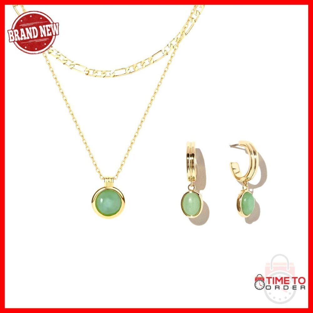 18K Gold Plated Jade Jewelry Set with Hoop Earrings Bracelet Necklace